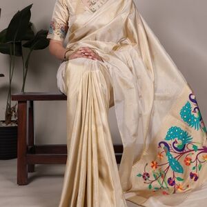 Elegant Cream and Multicolor Embroidered Sari